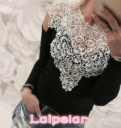 Off The Shoulder Blouse Shirt For Woman Lace Hollow Out Spring Office Ladies Work Tops Casual Long Sleeve Splice Shirts LMH100U