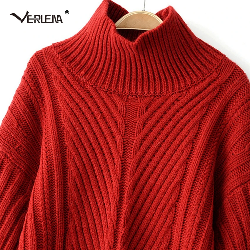 Verlena 2018 толстый теплый осенний красный свитер женский полосатый длинный