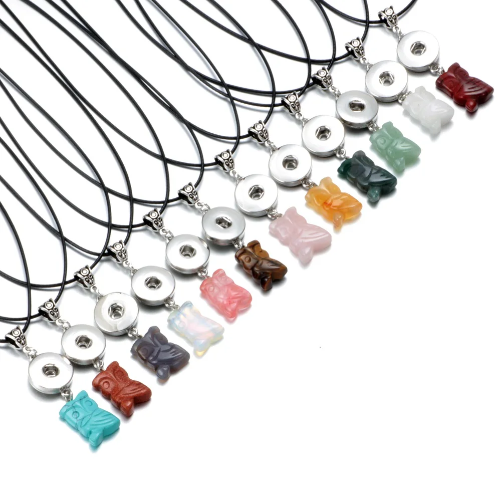 

DZ1722 High quality 12pcs/lot Natural Stone leather Necklace Fit 18mm Snap Button Owl Pendant Necklace Snaps Jewelry