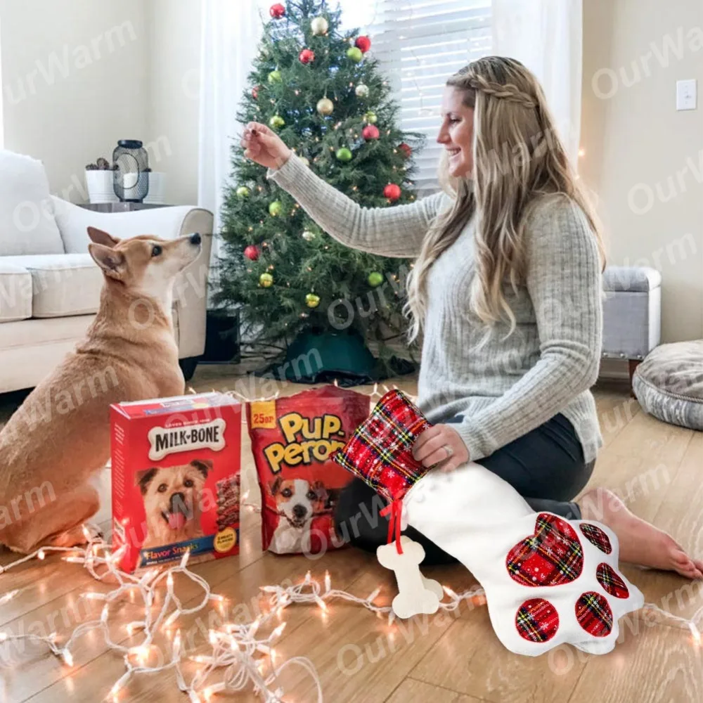 OurWarm 5 шт. рождественские чулки для домашних животных с собакой лапой клетчатые