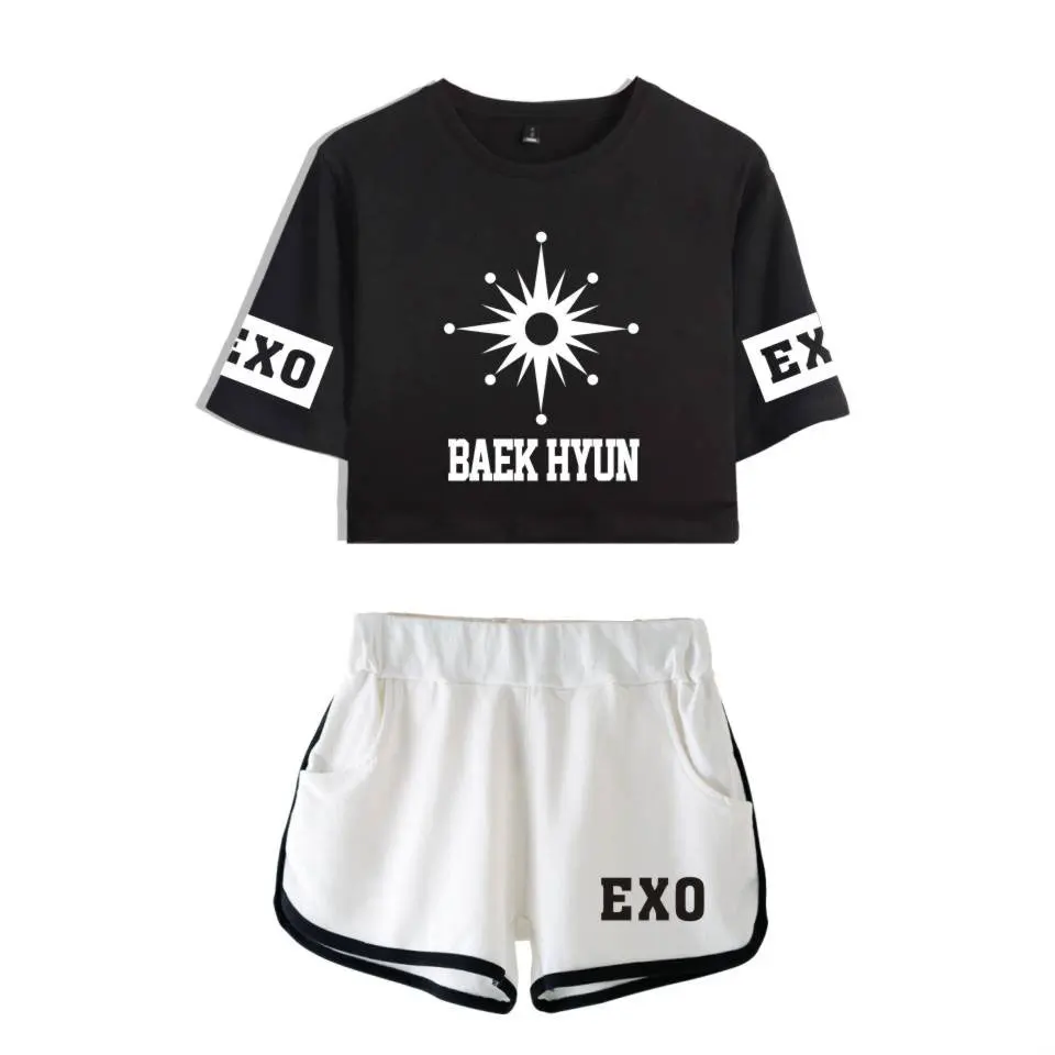

EXO 2018 Cool Summer Two Piece Sets For Women T-shirts EXO Kpop Fashion Print Suit Casual Sexy Cotton Crop Tops&Shorts Sets