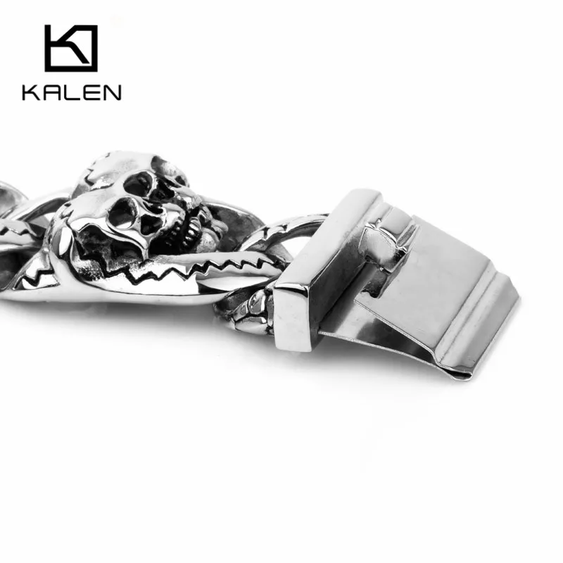 Kalen, 20 см, нержавеющая сталь, тяжелая массивная цепочка, мужские браслеты, панк-рок, двойной череп, голова, очаровательный браслет, ювелирный аксессуар