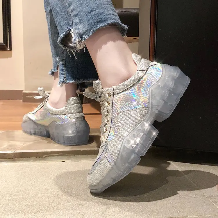 2019 New Women's Full Diamond Rhinestones Jelly Shoes Thick-soled Ins Lace Old Sneakers Plafform Girl | Обувь