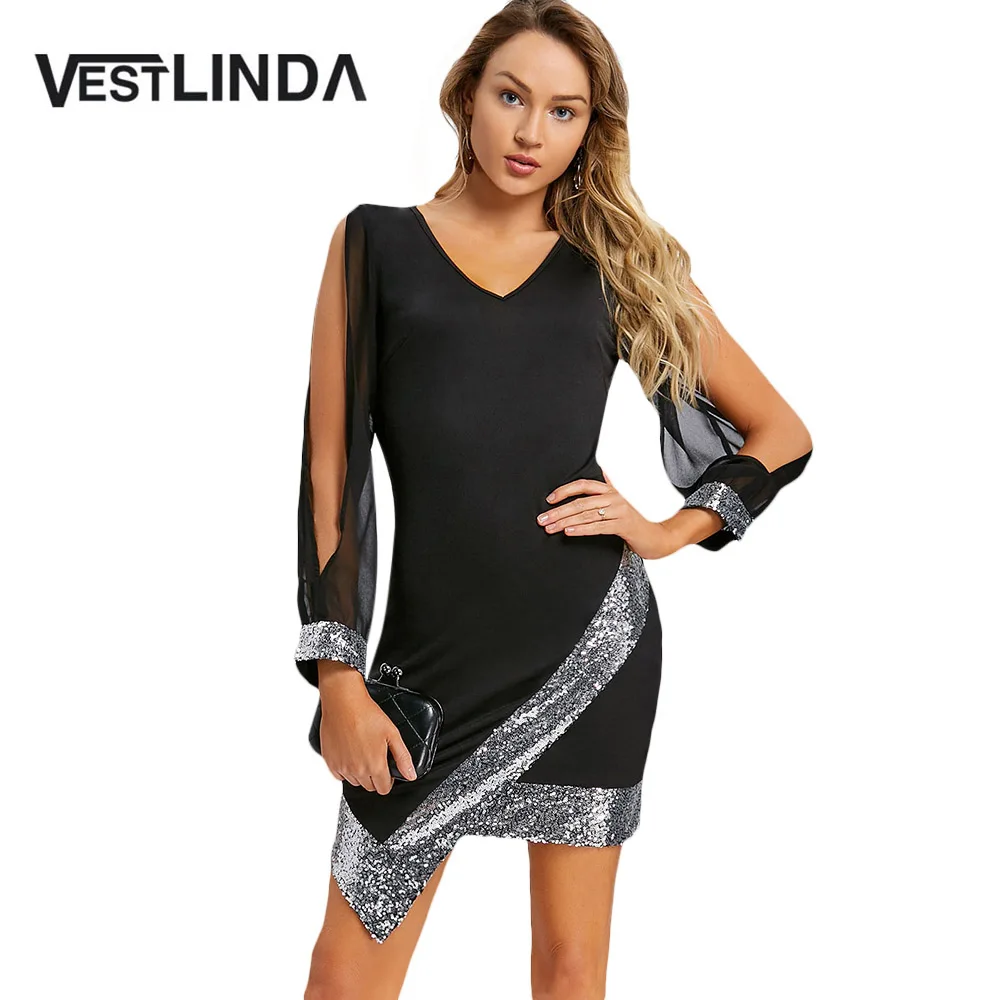 VESTLINDA платье с блестками женское разрезом рукавом v образный вырез шифоновое