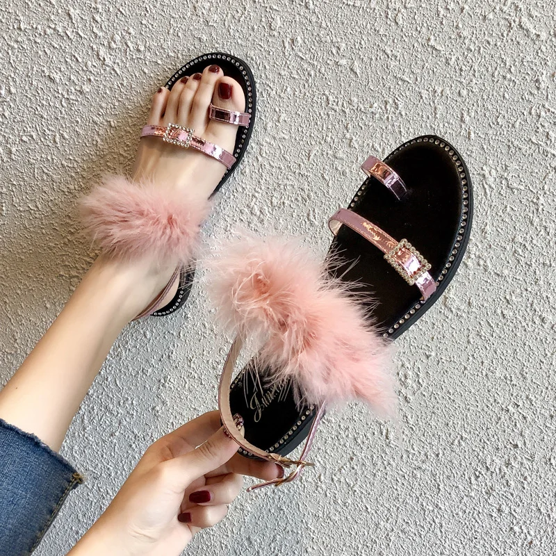 2019 Новая Летняя женская обувь модные сандалии с перьями на плоской подошве
