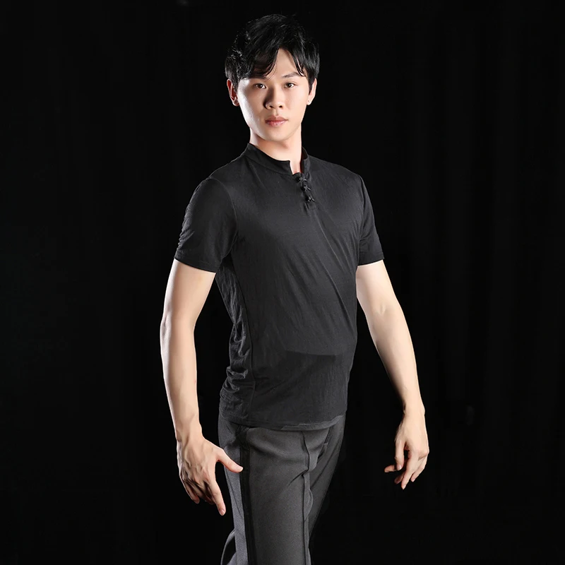 Взрослые мужские костюмы для латинских танцев черные топы с коротким рукавом