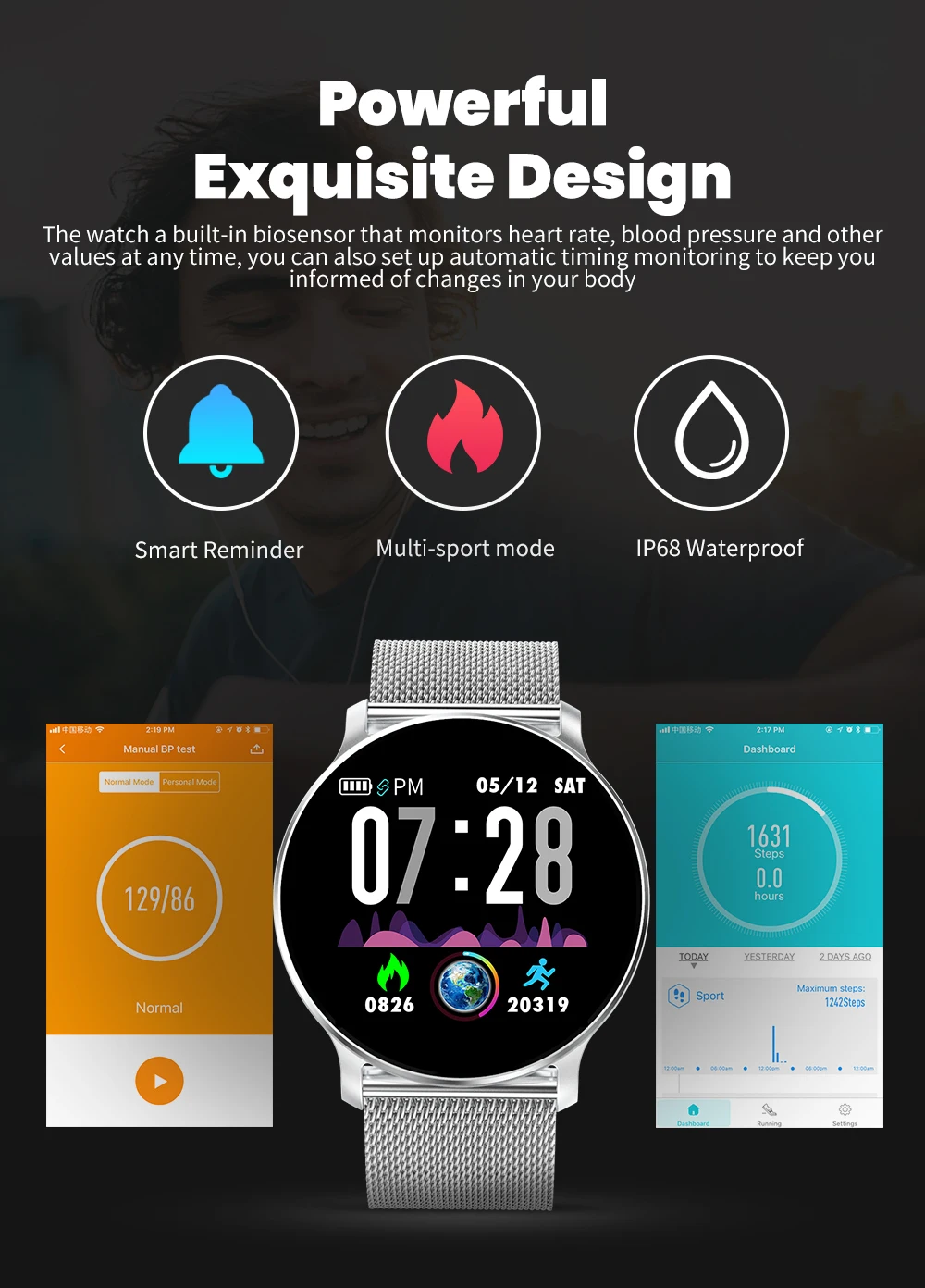 Rundoing NY03 Smart Watch IP68 waterproof Heart rate monitor Smartwatch Message reminder Fitness tracker For Android and IOS