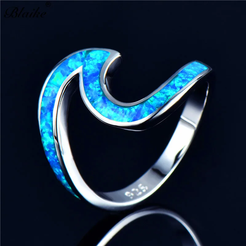 Blue Blaike 925 серебро волна кольца для мужчин и женщин мода белый/синий/зеленый огненный опал кольцо свадьба камень ювелирные изделия - Цвет основного камня: Blue