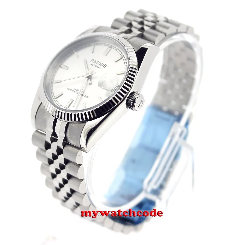 36 мм Parnis серебряный циферблат Автоматические Роскошные мужские часы Jubilee ремешок