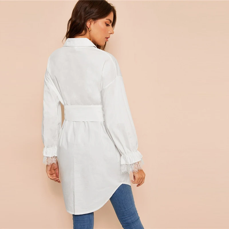 SHEIN Рубашка С Поясом Изогнутым Краем И Контрастными Кружевами Женская Весенняя Элегантная Блузка С Длинными Рукавами