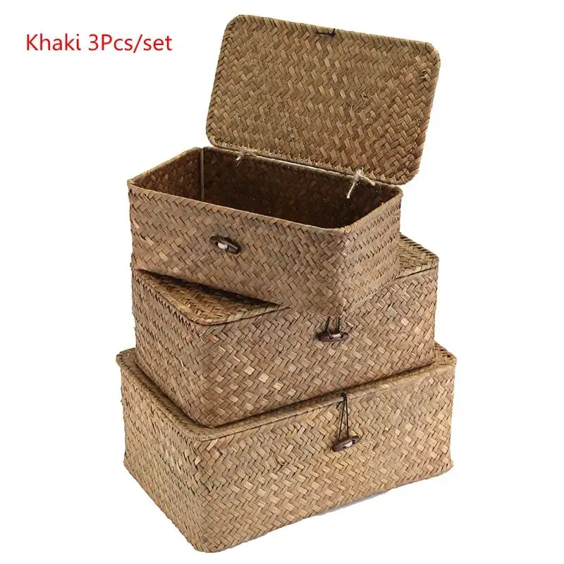 Темный хаки Плетеная корзина с крышкой, винтажный косметический макияж, ювелирный ящик для хранения в стиле ZAKKA, контейнер для одежды, детские игрушки, органайзер для путешествий - Цвет: Темный хаки