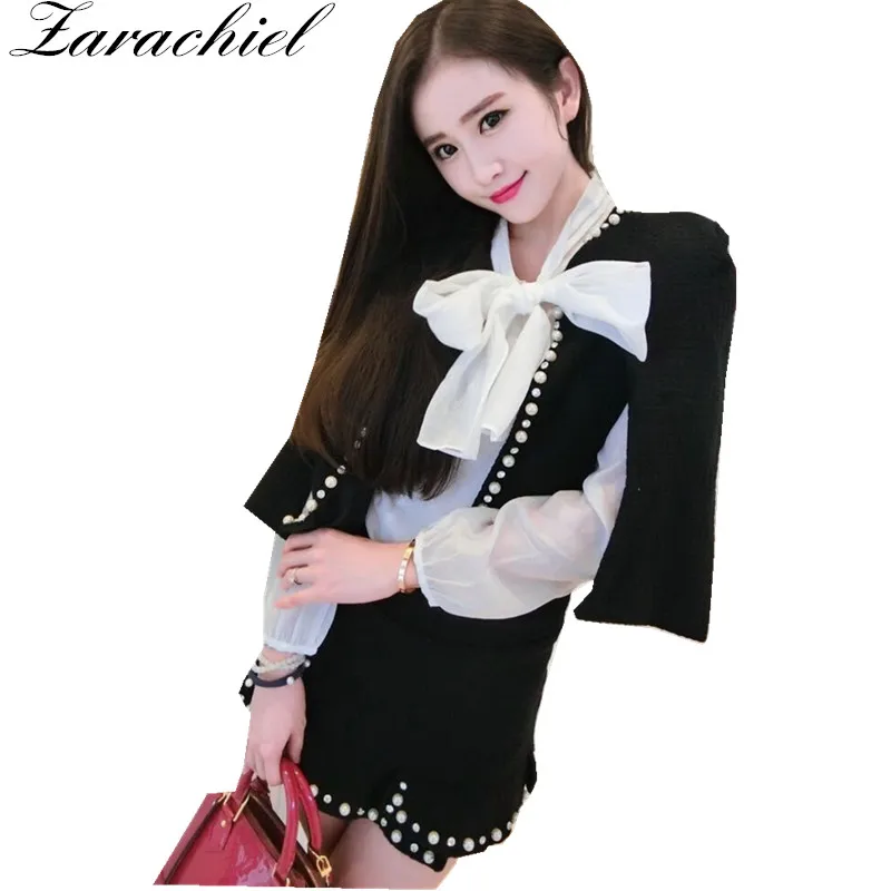 3 piece set Zarachiel твидовая куртка с жемчужинами и бусинами, плащ, пальто и юбка, комплект из 3 предметов, зима, женская блузка с воланами и галстуком-бабочкой, черный комплект одежды - Цвет: 3 piece set