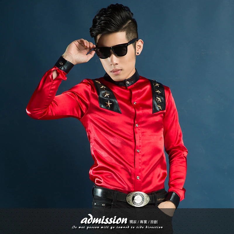 Новинка 2016 Мужская модная одежда мужская красная рубашка с заклепками для