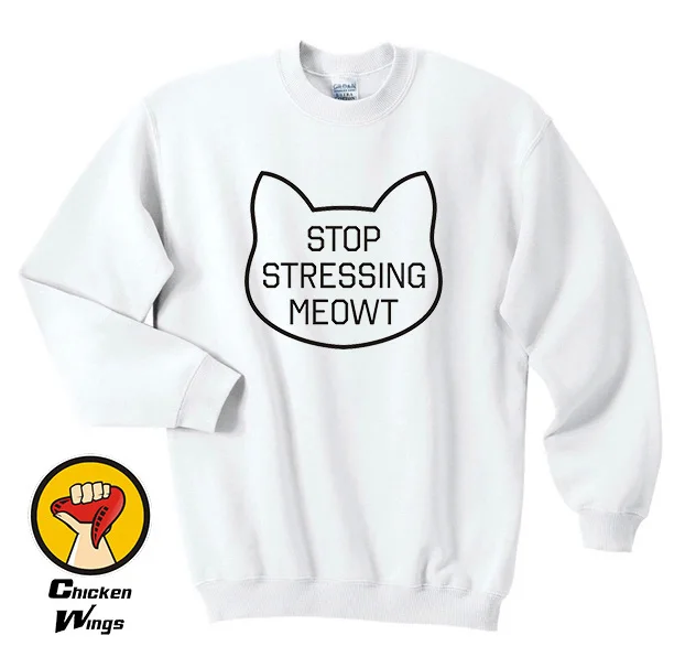 Прекратите акцент Meowt Neko Kawaii белая одежда с милым котенком Tumblr толстовка круглым