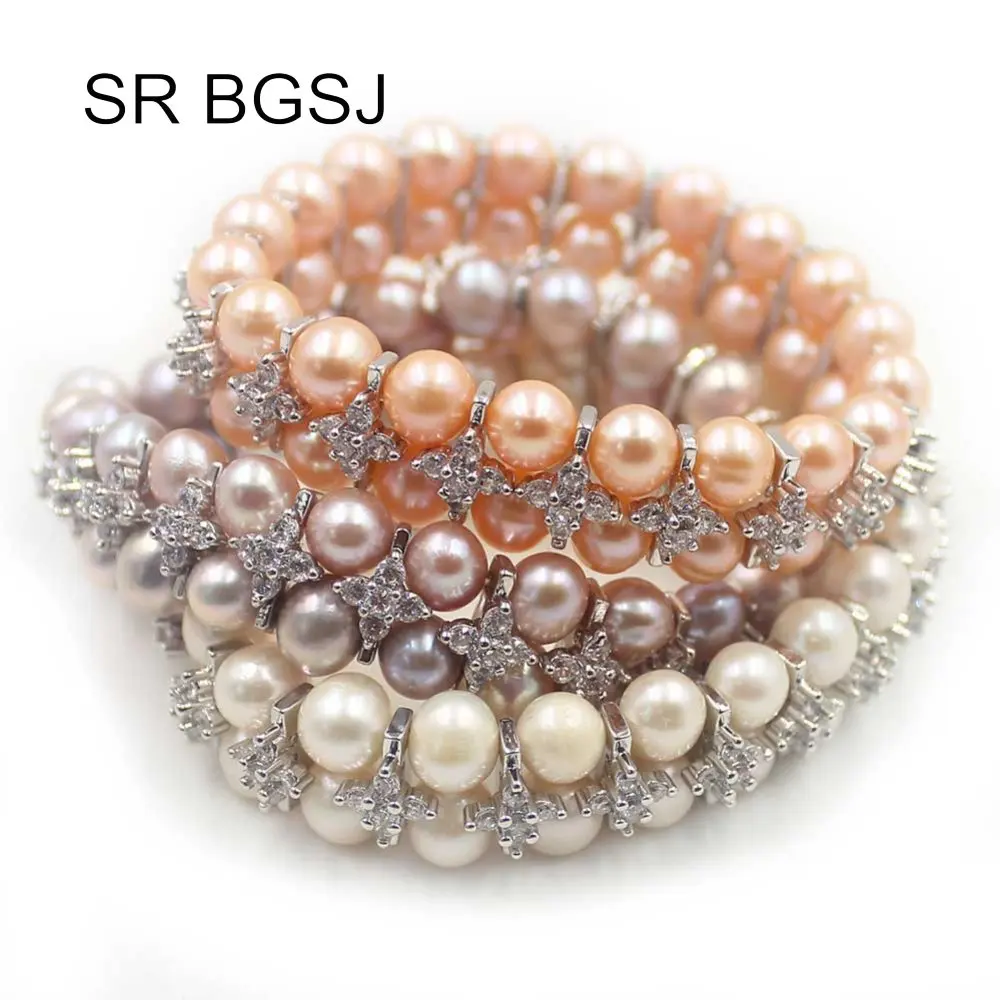 Free Shipping 7-8mm Nearly Round Freshwater Pearl Handmade Girl 2-Strand Stretch Adjustable Bracelet 7&quot | Украшения и