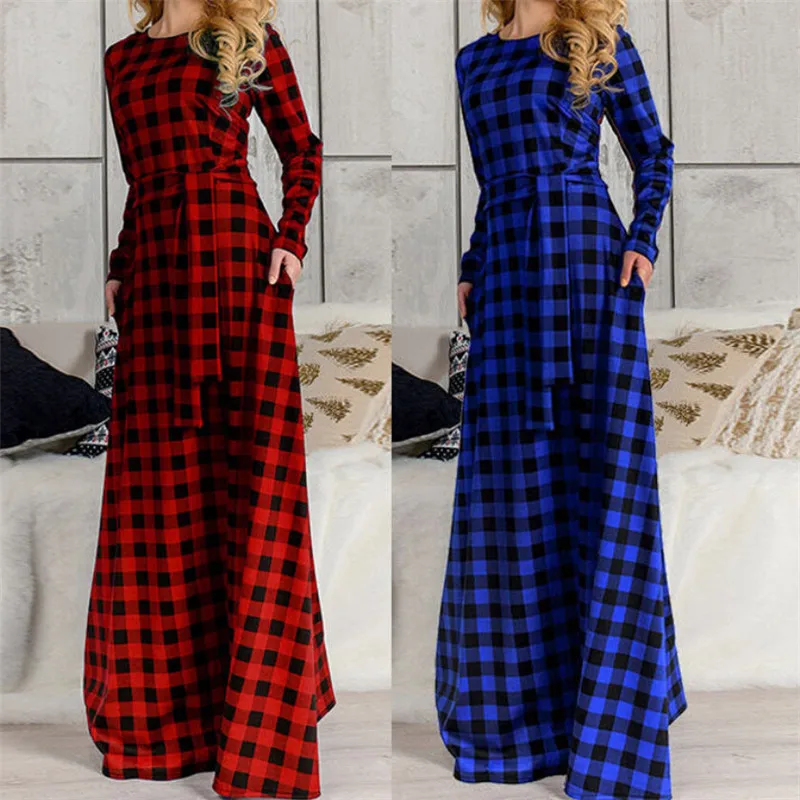 Rauen Herbst Rot/Blau клетчатые Boho Kleider Damen Langarm повседневные Mode Lange Макси Kleid вечерние Strand