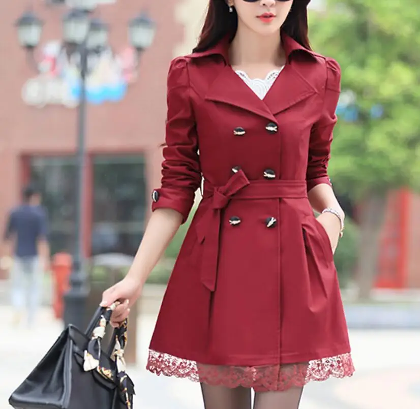 Women's trench COATS slim FEMALE coats fashion windbreaker belt lapel versatile female outwear Double-breasted Lace women | Женская
