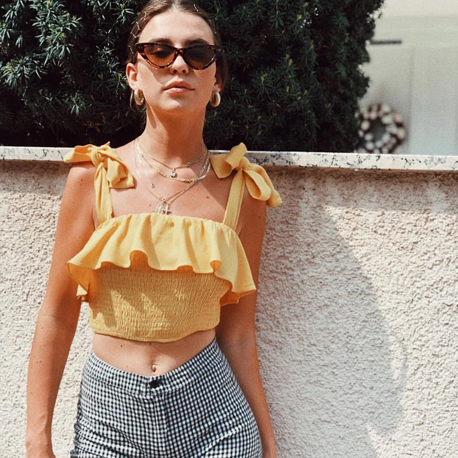 Fashion Yellow Crop Top Women Ruffles Bow Tie Lace Up Off Shoulder Sexy Spaghetti Strap Beach Summer Wear Clothes 2019 | Женская одежда