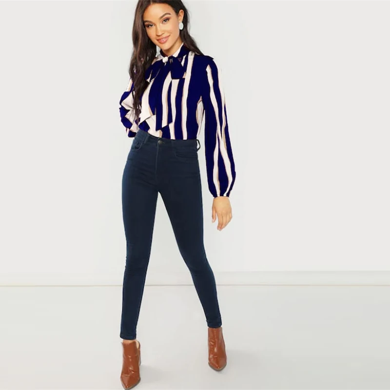 SHEIN Полосатая Блузка С Бантом Элегантная Офисная Блузка В Полоску С Длинным Рукавом