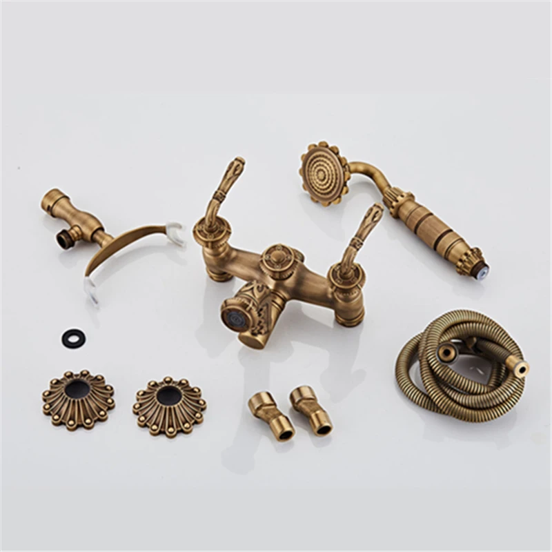 

Bathtub Shower Faucets Antique Brass Pattern Design Wall Mounted Bathroom 360 Rotate Bathtub Faucet Handheld Shower Mixer Taps
