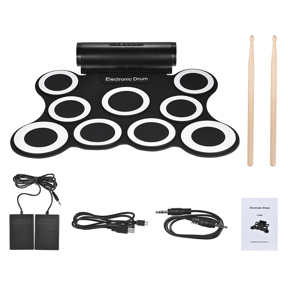

Stereo Digital Electronic Drum Portable Foldable Drum Kit 9 Silicon Drum Pads Built-in Double 3W Speakers USB Powered Convenient