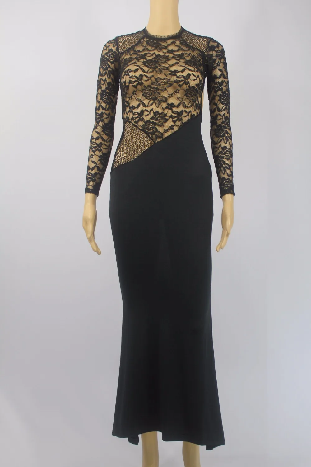 Черное Кружево Длинным Рукавом Спинки Русалка Платье Вырез Пром длинные