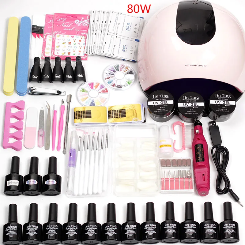 80w lamp 12 gel Лампа для ногтей 18/36 лампа Светодиодная сушилка набор для наращивания геля акриловая 12 цветов гелевая электрическая машинка для обработки ногтей маникюрная ручка набор сверл - Цвет: 80w lamp 12 gel