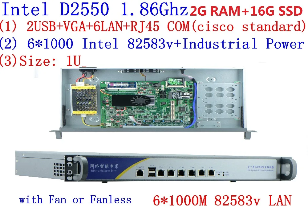 firewall  networking serer with atom D2550 1.86G 6*intel PCI-E 1000M 82583v Lan support intelliegent flowcrl ROS 2G RAM 16G SSD