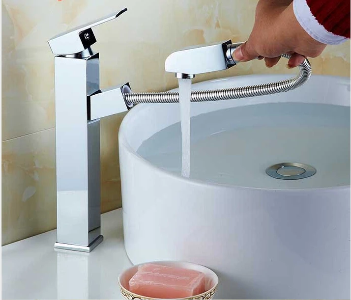 High Square shape brass pull out laundry faucet basin water tap for bathroom with shower head chrome plating | Обустройство дома