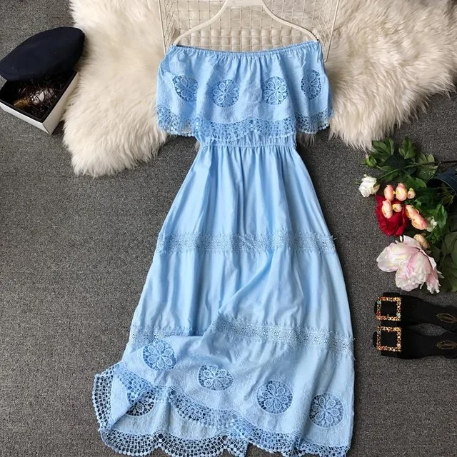 summer fairy Four-color-sweet lace slash neck hollow out patchwork cotton full dress S26882 | Женская одежда