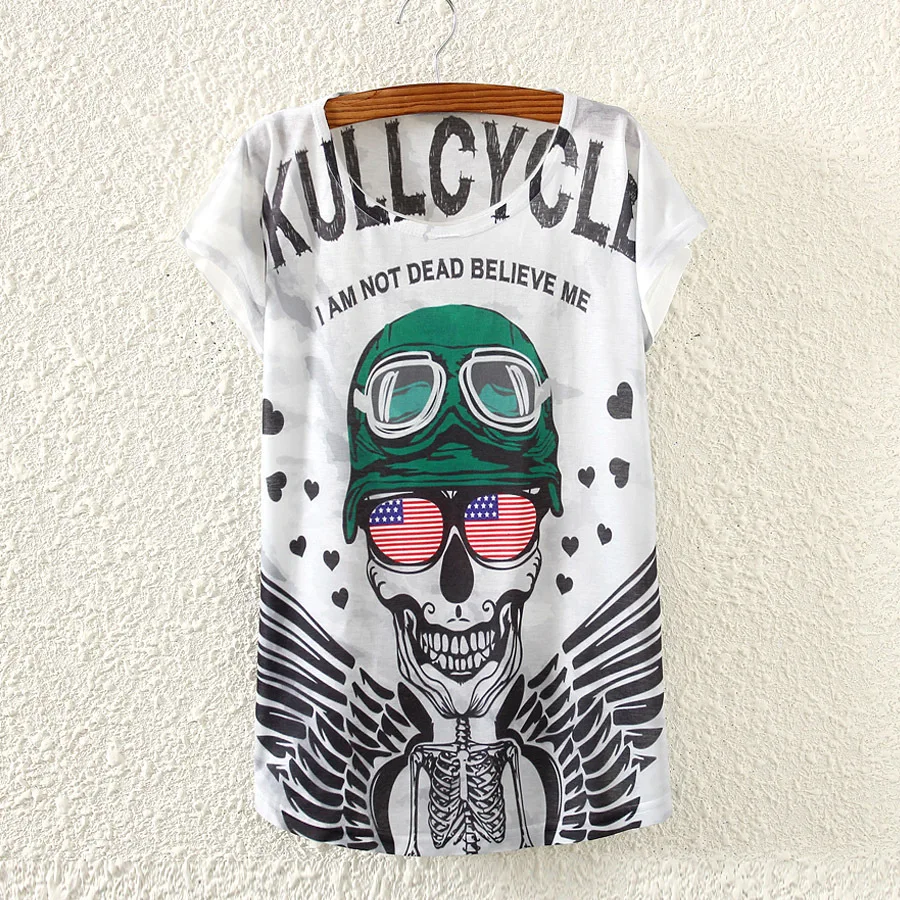 women's 2019 summer green hat skeleton angel wings printed round neck short-sleeved T-shirt loose fashion wild tees | Женская одежда