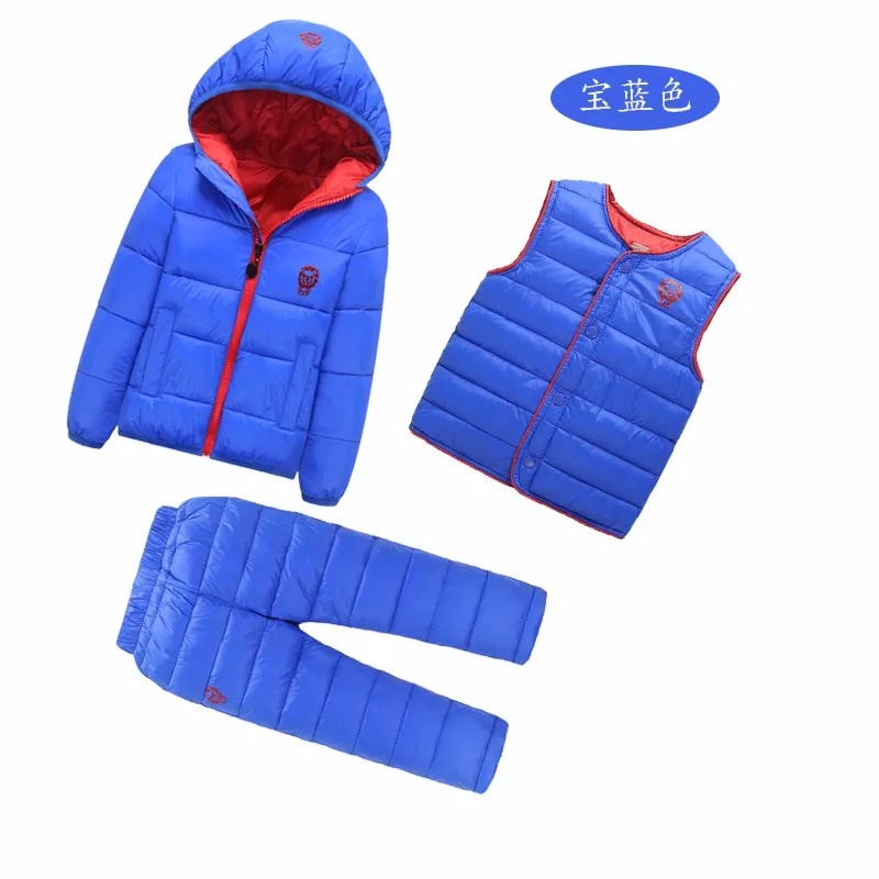 blue 3 вещи/1 партия, Зимняя детская одежда для мальчиков и девочек, комплекты детский жилет на хлопковой подкладке; комплект верхней одежды с хлопковой подкладкой: куртка+ жилет+ штаны, детские, теплые костюмы для улицы - Цвет: blue