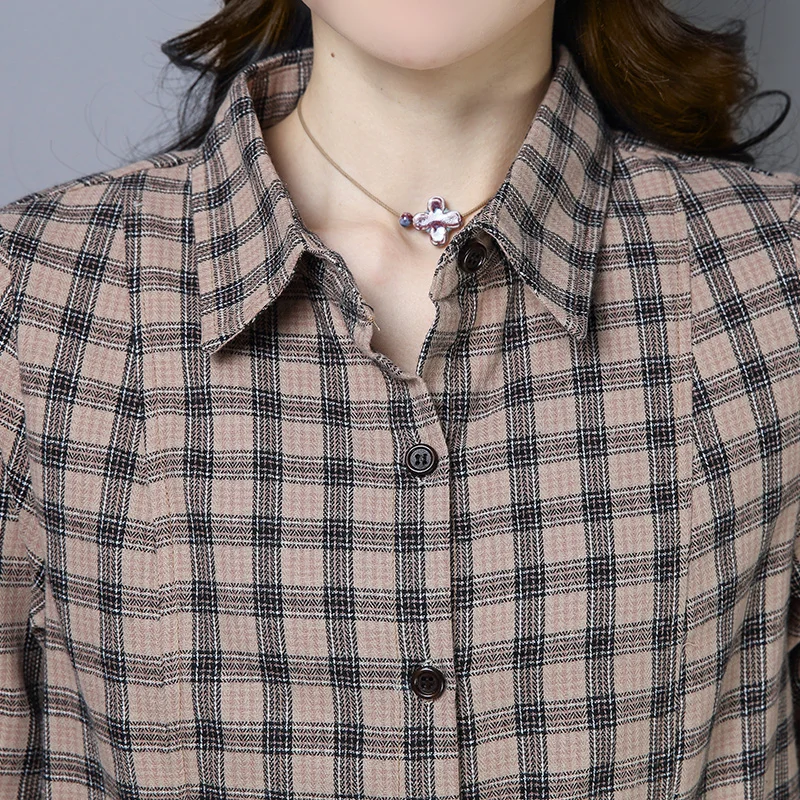 

Checker Shirt Long Sleeve Women's Spring Garment 2020 New Korean Version Medium and Long Cotton Blouse Large Size Women's Shirt