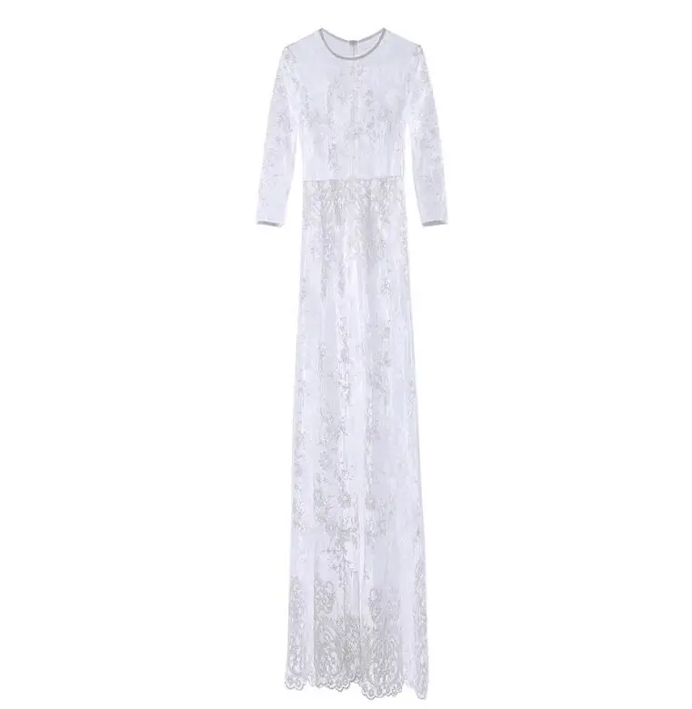 Women Long Maxi Dress O Neck Sexy Lace Mesh See Through Floral Party Vintage Floor Length Elegant Sleeve Beach CS-09 | Женская одежда