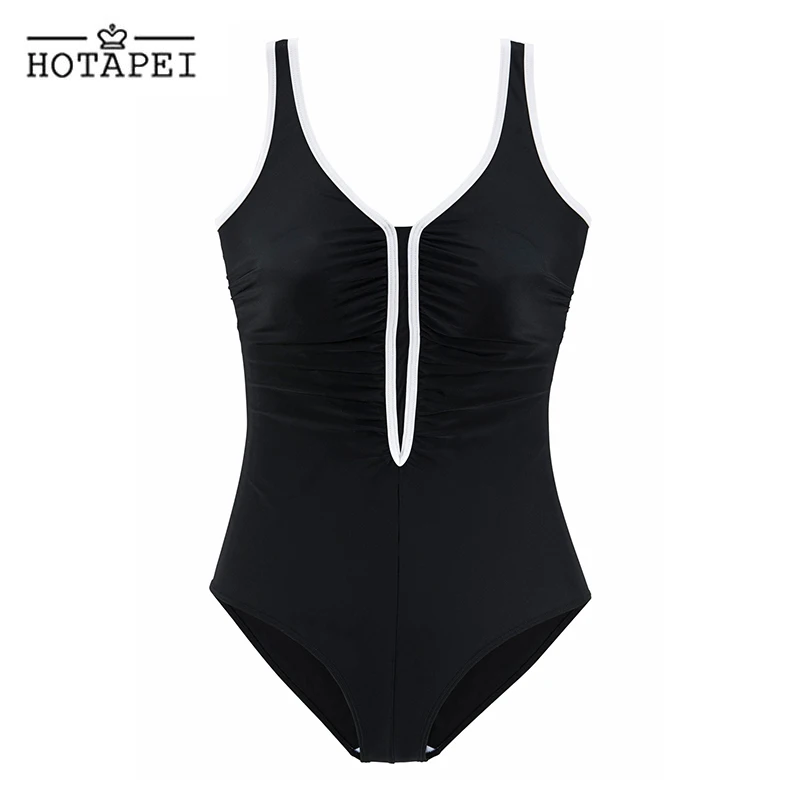 Hotapei черный цельный купальник Спортивный с контрастной окантовкой Монокини