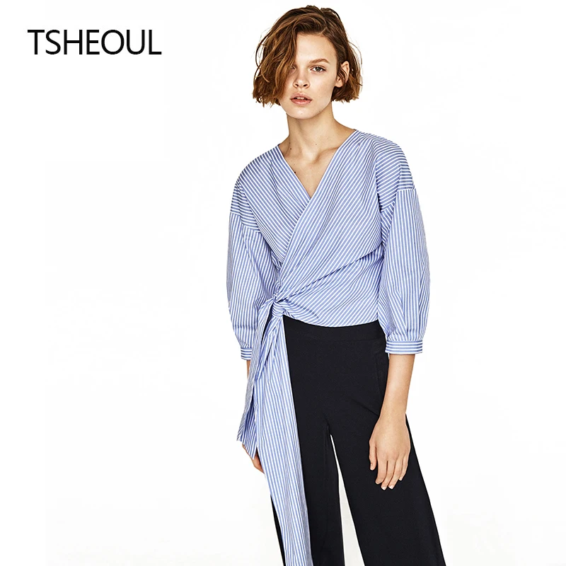 Синий белый тонкими полосками завязанный асимметричный хлопок смесь рубашки