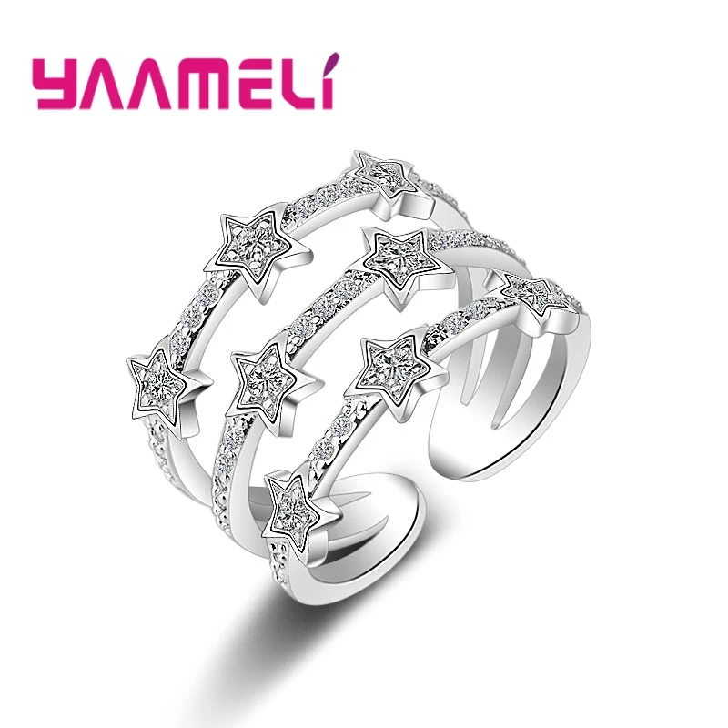 

New Fashion Real 925 Sterling Silver Rings Multilayers Twinkling CZ Crystal Stars Zircon Stone Jewelry for Women Gift