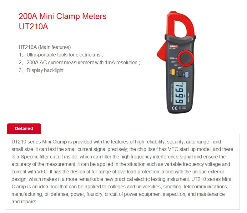 UNI-T UT210A 2000 счетчик мини цифровой клещи мультиметр тестер авто Диапазон переменного тока 2A/20A/200A