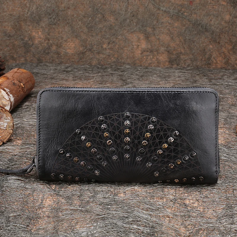 Женский кошелек ручной работы из натуральной коровьей кожи с заклепками для