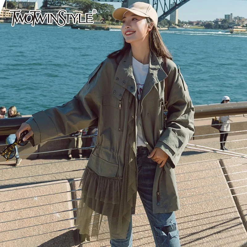 TWOTWINSTYLE Patchwork Mesh Windbreaker Coats Women Long Sleeve Trench Coat Female Casual Tops 2018 Autumn Big Sizes New | Женская
