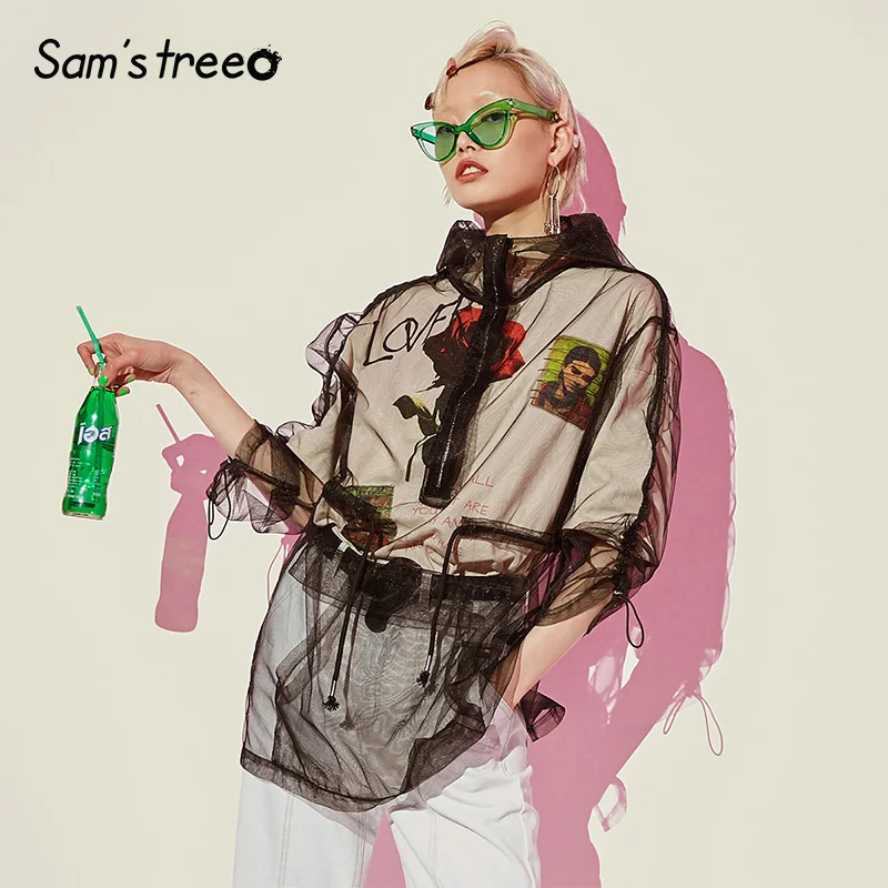 Samstree черная сетка свободное Женское пальто с капюшоном модное корейское Женское пальто на шнуровке летняя Солнцезащитная женская одежда
