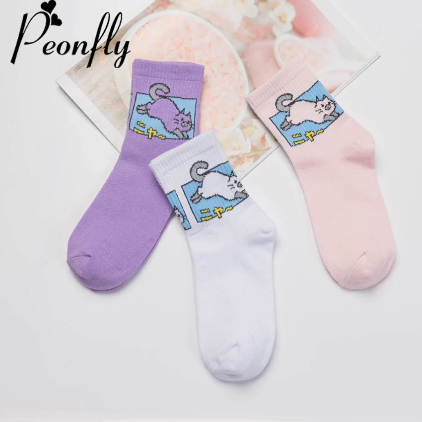 PEONFLY для женщин с принтом героями мультфильмов милые толстые носки котенком