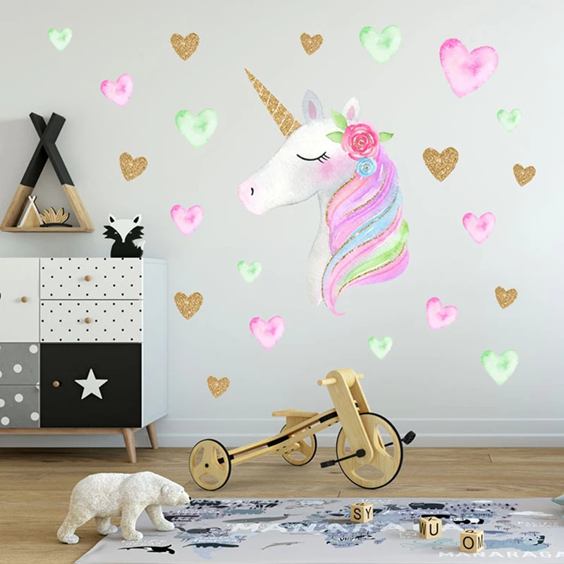 Мультяшные единороги Цветочные наклейки на стену DIY звезды милые цветы животные