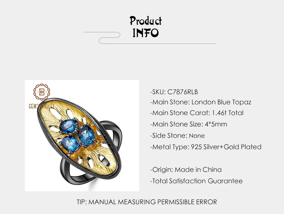 GEM'S BALLET 1.46Ct натуральный Лондон Голубой топаз драгоценный камень кольцо 925 пробы серебро ручной работы лимонный палец кольца для женщин