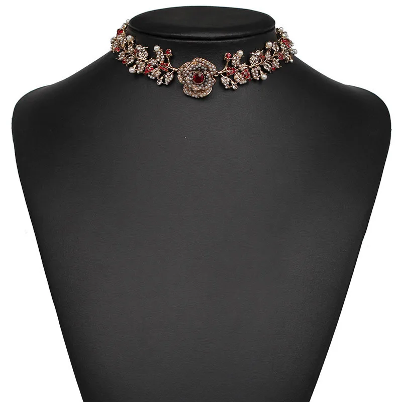 Мода имитация жемчуг камень Хрустальный цветок себе Воротник Женщины Chocker