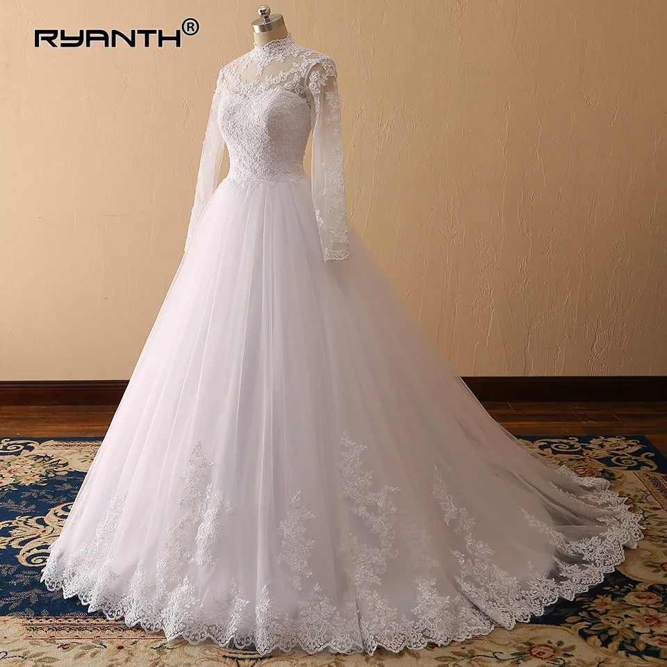 Женское свадебное платье с длинным рукавом бальное невесты высоким воротником
