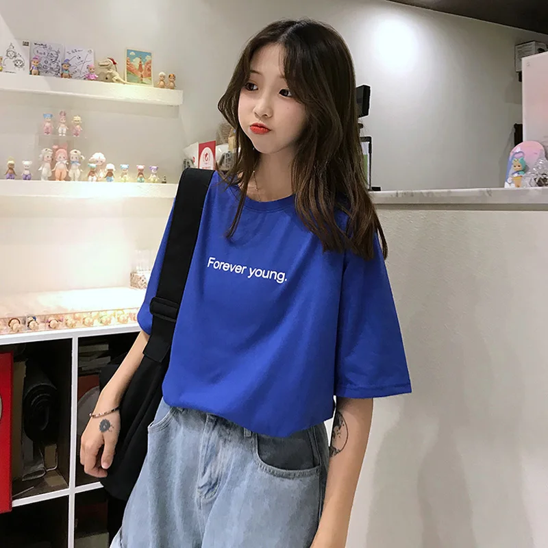 Jielur футболка Женская Harajuku Свободная Повседневная футболка с надписью Forever Young летняя хипстерская Корейская уличная Базовая футболка фиолетовая Синяя - Цвет: Синий