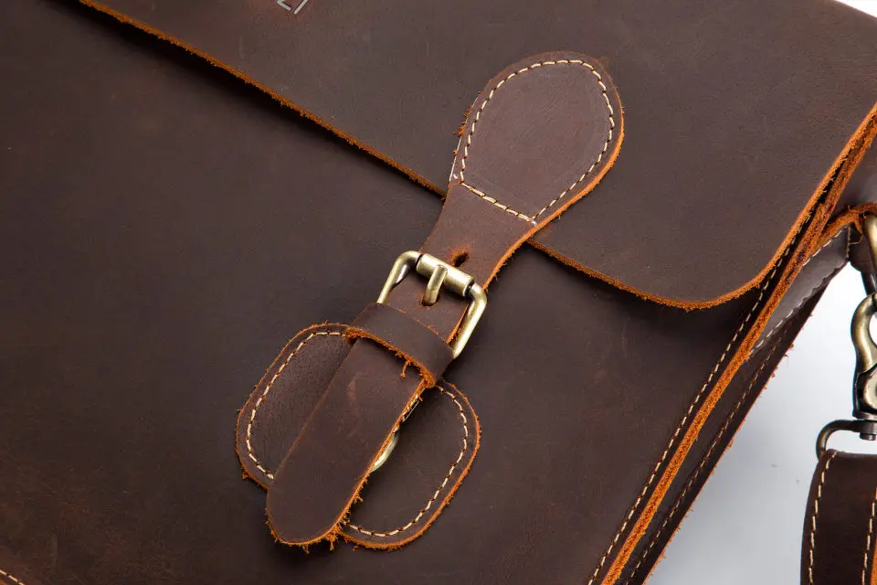 LAOSHIZI LUOSEN Men's Vintage Crazy Horse Leather Briefcase Messenger Shoulder Portfolio Laptop Bag Case Office Handbag