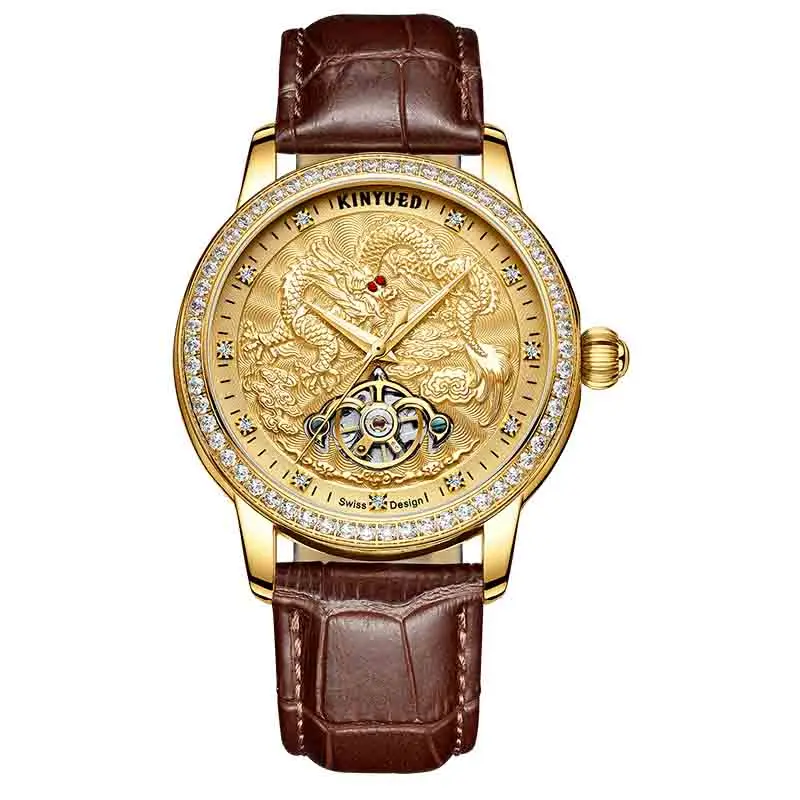 Gold Brown Leather Мужские часы KINYUED, Мужские автоматические механические часы с каркасом турбийон, мужские часы из золотистой стали, водонепроницаемые мужские часы - Цвет: Gold Brown Leather