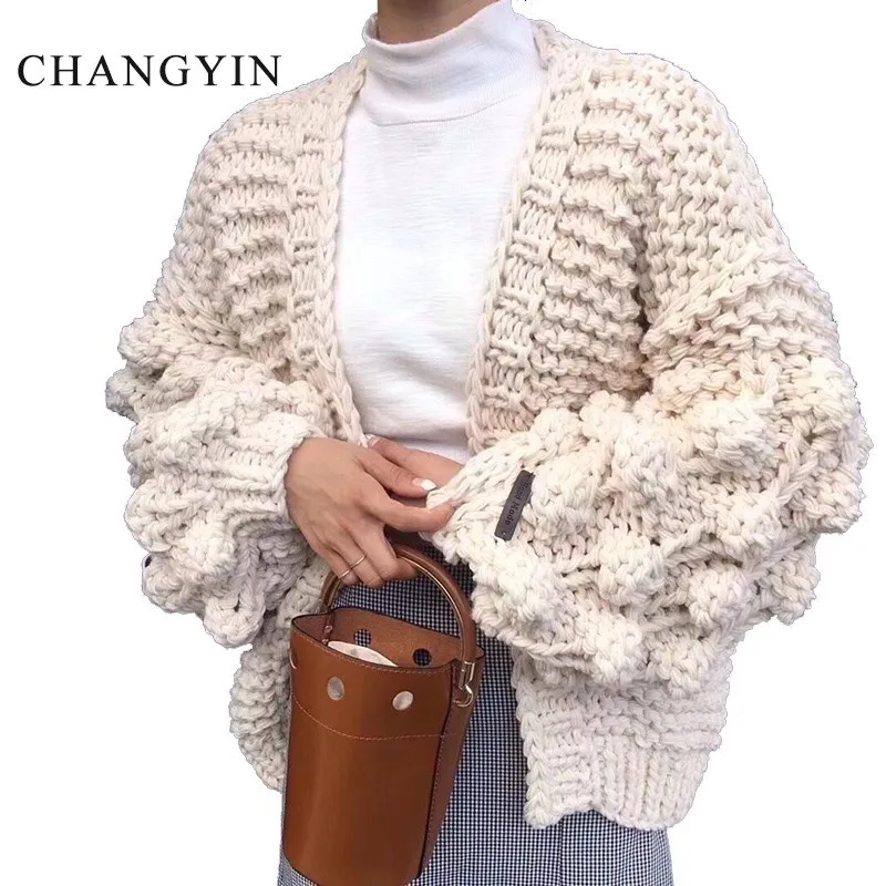 ChangYin Hollow Sweater Cardigan For Women Autumn Long Sleeve Knitted Loose Big Size Female Jumpers Open Stitch Casual Chunky |
